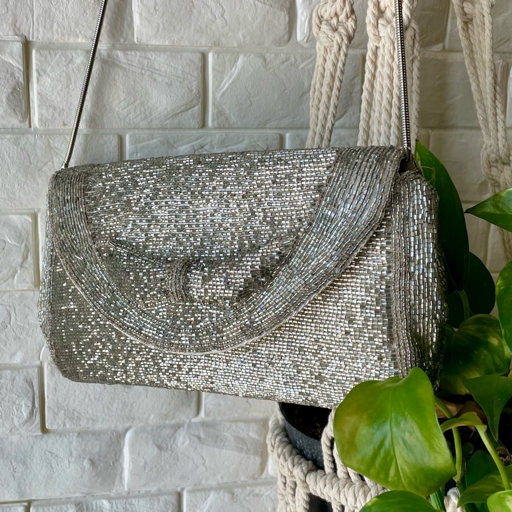 Vintage Sparkly Silver Hand-Beaded Bow Shoulder Bag Evening Purse - Picture 6 of 10